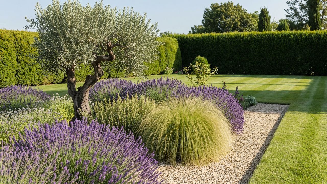 Symbolbild, mit KI erzeugt: sonniger Garten mit Olivenbaum, Lavendel, Gräsern, Kiesweg und Rasen. Kein Projekt von Bazid Daoud.